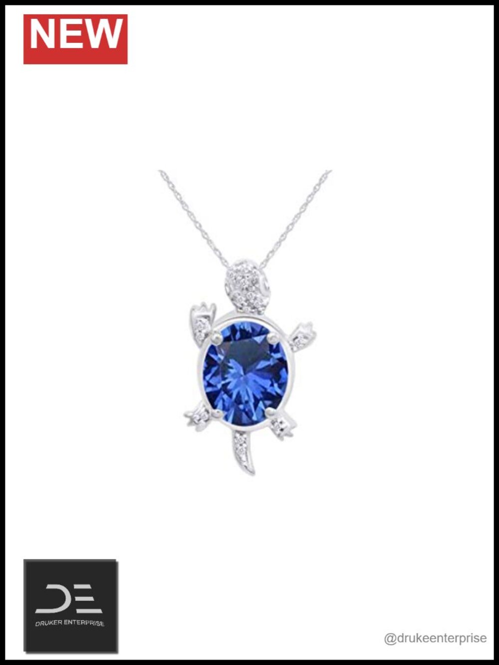 Sterling Silver Simulated Blue Sapphire Turtle Pendant Necklace with White CZ